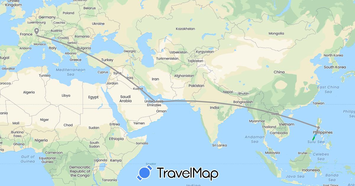 TravelMap itinerary: driving, bus, plane, boat in United Arab Emirates, Switzerland, Philippines (Asia, Europe)